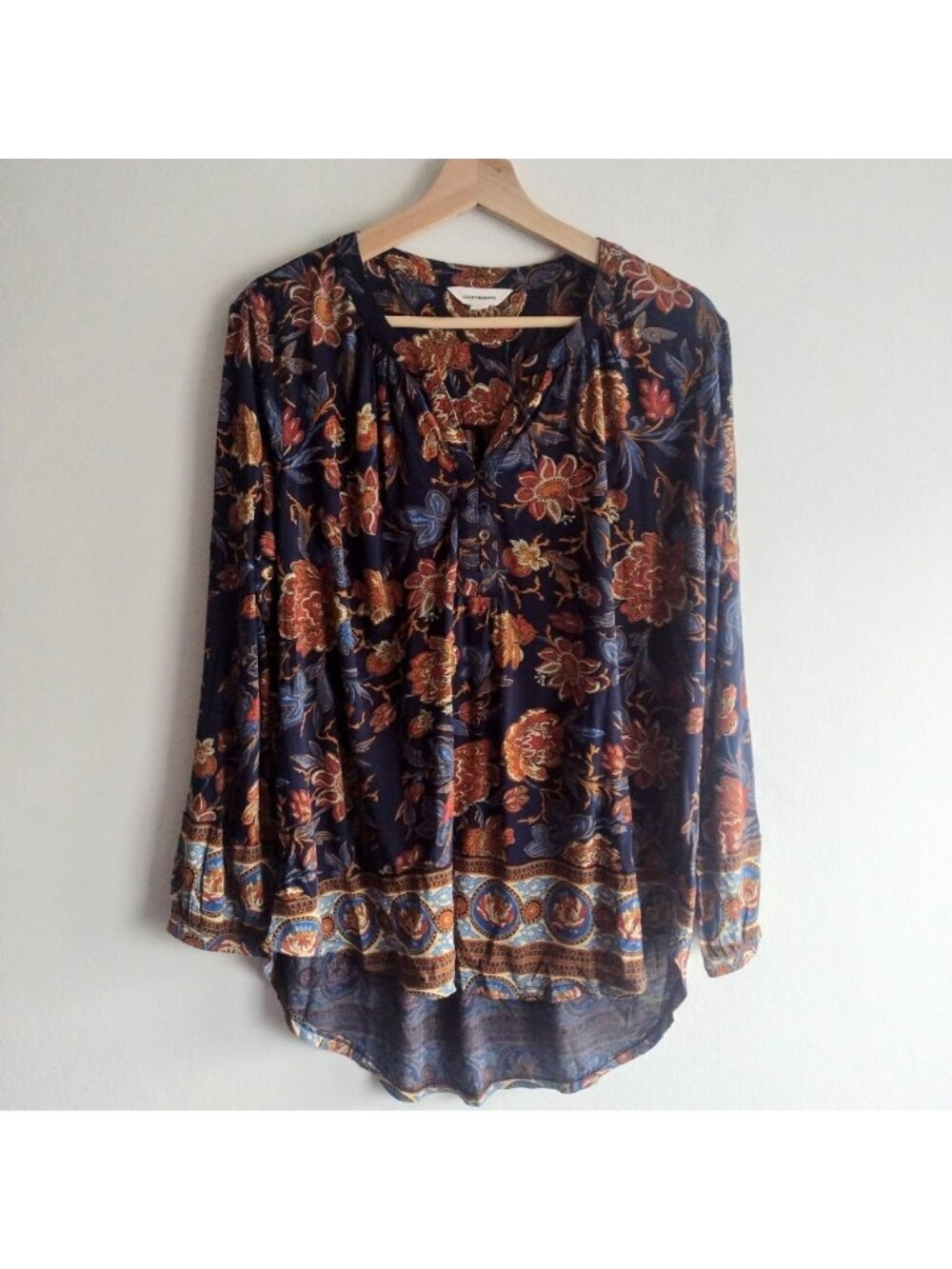 Lucky Brand Floral Blouse L Navy Tan Knit Relaxed Fit Tunic Top - Picture 9 of 9